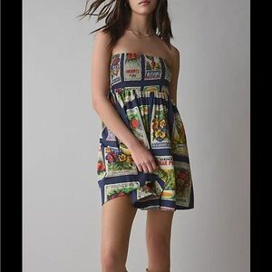 BDG Navy Seed Packet Floral Patchwork Strapless Mini Dress
